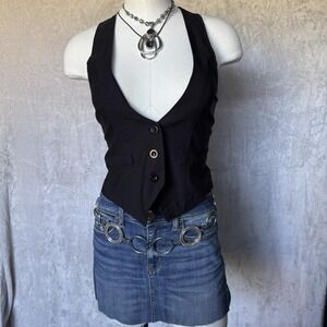Y2K Black Striped Vest Sz Small Lace Back Whisigoth Steampunk Grunge 2000s